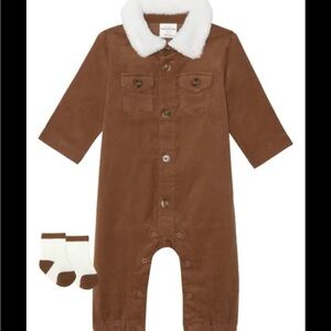 Brown Corduroy Baby Jumpsuit with White Collar